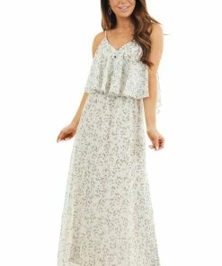Lovestitch Dresses Eggshell Floral Print Sleeveless Maxi Dress With V Neckline