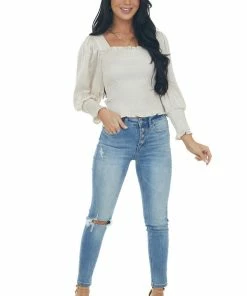 She + Sky Eggshell Long Bubble Sleeve Smocked Blouse With Tie Detail Tops