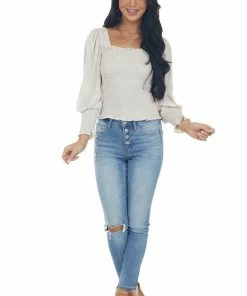 She + Sky Eggshell Long Bubble Sleeve Smocked Blouse With Tie Detail Tops