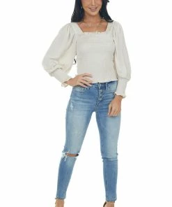 She + Sky Eggshell Long Bubble Sleeve Smocked Blouse With Tie Detail Tops