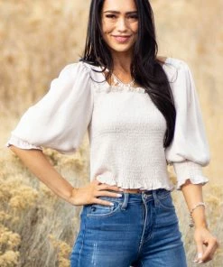 She + Sky Eggshell Long Bubble Sleeve Smocked Blouse With Tie Detail Tops