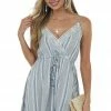 ANGIE Dresses Eggshell Striped Surplice Embroidered Short Dress