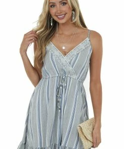 ANGIE Dresses Eggshell Striped Surplice Embroidered Short Dress