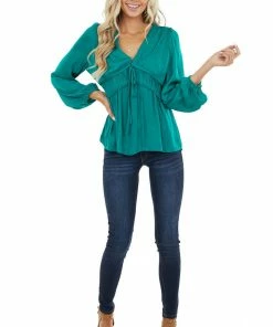 NAKED ZEBRA Emerald Cinch Waist Top With Front Tie And Ruffle Details