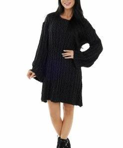 Peach Love Faded Black Chunky Ribbed Flare Sweater Dress