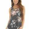 BOMBOM Faded Black Floral Tank Top With Front Criss Cross Detail 2 BOMBOM Faded Black Floral Tank Top With Front Criss Cross Detail