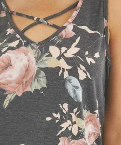 BOMBOM Faded Black Floral Tank Top With Front Criss Cross Detail