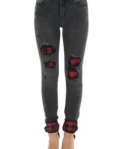 Judy Blue Faded Black Mid Rise Jeans With Plaid Patches And Cuffs Bottoms
