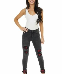 Judy Blue Faded Black Mid Rise Jeans With Plaid Patches And Cuffs Bottoms