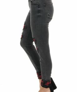 Judy Blue Faded Black Mid Rise Jeans With Plaid Patches And Cuffs Bottoms