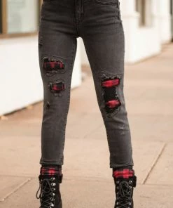 Judy Blue Faded Black Mid Rise Jeans With Plaid Patches And Cuffs Bottoms