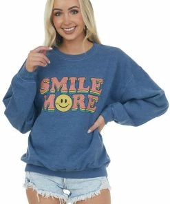 Sweet Claire Faded Cobalt 'Smile More' Graphic Sweatshirt