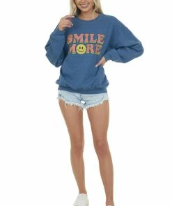 Sweet Claire Faded Cobalt 'Smile More' Graphic Sweatshirt