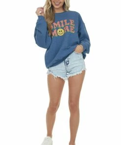 Sweet Claire Faded Cobalt 'Smile More' Graphic Sweatshirt