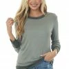 Vanilla Bay Faded Jade Long Sleeve Thin Waffle Knit Top Tops