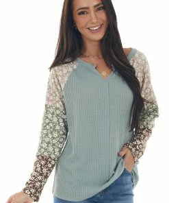 143 Story Faded Juniper Floral Colorblock Knit Top Tops