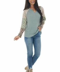143 Story Faded Juniper Floral Colorblock Knit Top Tops