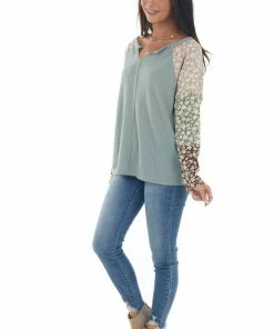 143 Story Faded Juniper Floral Colorblock Knit Top Tops