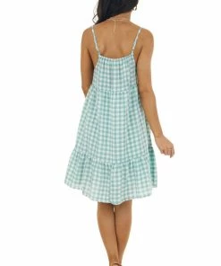 Entro Dresses Faded Juniper Gingham Sleeveless Short Dress