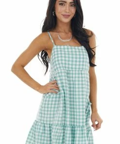 Entro Dresses Faded Juniper Gingham Sleeveless Short Dress