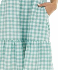Entro Dresses Faded Juniper Gingham Sleeveless Short Dress