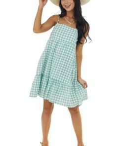 Entro Dresses Faded Juniper Gingham Sleeveless Short Dress