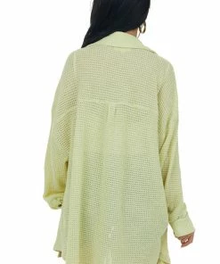 Listicle Tops Faded Lime Thermal Knit Oversized Button Up Top