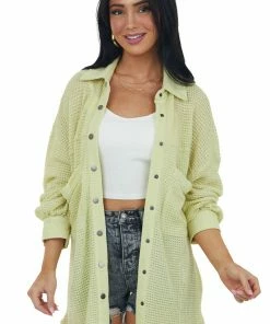 Listicle Tops Faded Lime Thermal Knit Oversized Button Up Top