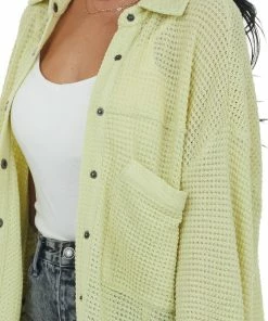 Listicle Tops Faded Lime Thermal Knit Oversized Button Up Top