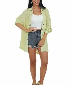 Listicle Tops Faded Lime Thermal Knit Oversized Button Up Top