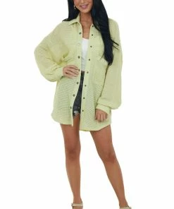 Listicle Tops Faded Lime Thermal Knit Oversized Button Up Top