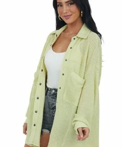 Listicle Tops Faded Lime Thermal Knit Oversized Button Up Top