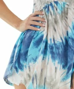 Sweet Lovely Faded Navy Blue Tie Dye Print Sleeveless Babydoll Knit Top