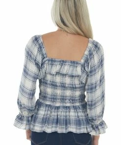 ANGIE Tops Faded Navy Plaid Long Puff Sleeve Peplum Top