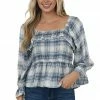 ANGIE Tops Faded Navy Plaid Long Puff Sleeve Peplum Top