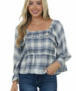 ANGIE Tops Faded Navy Plaid Long Puff Sleeve Peplum Top