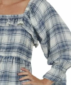 ANGIE Tops Faded Navy Plaid Long Puff Sleeve Peplum Top