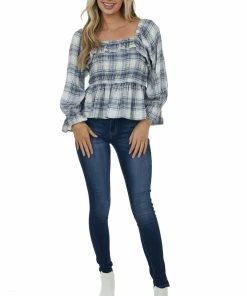 ANGIE Tops Faded Navy Plaid Long Puff Sleeve Peplum Top