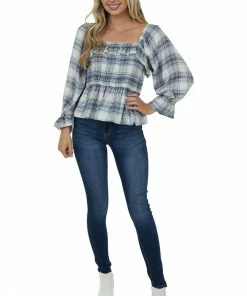ANGIE Tops Faded Navy Plaid Long Puff Sleeve Peplum Top