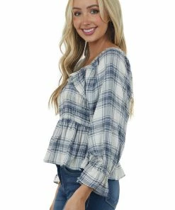 ANGIE Tops Faded Navy Plaid Long Puff Sleeve Peplum Top