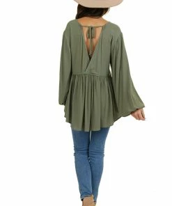Umgee Tops Faded Olive Drop Waist Top With Tied Back And Bubble Sleeves