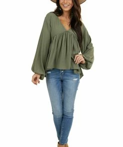 Umgee Tops Faded Olive Drop Waist Top With Tied Back And Bubble Sleeves