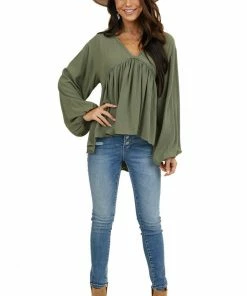 Umgee Tops Faded Olive Drop Waist Top With Tied Back And Bubble Sleeves