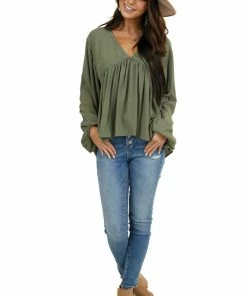 Umgee Tops Faded Olive Drop Waist Top With Tied Back And Bubble Sleeves