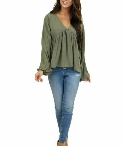 Umgee Tops Faded Olive Drop Waist Top With Tied Back And Bubble Sleeves