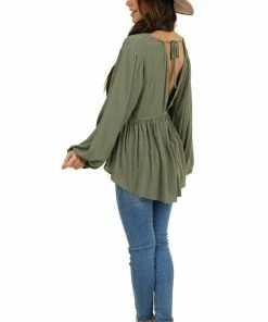 Umgee Tops Faded Olive Drop Waist Top With Tied Back And Bubble Sleeves