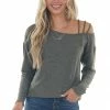 First Love Tops Faded Olive Ribbed Strappy Shoulder Knit Top