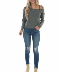 First Love Tops Faded Olive Ribbed Strappy Shoulder Knit Top