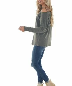 First Love Tops Faded Olive Ribbed Strappy Shoulder Knit Top