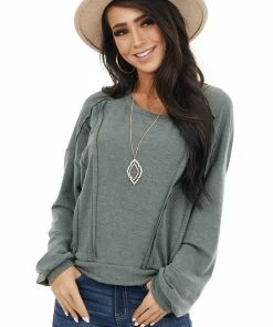 Chrysanthemum Faded Olive Stretchy Long Sleeve Top With Raw Edge Details Tops